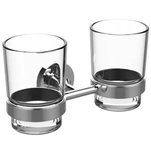 Doppelter Glashalter mit klaren Gläsern, montiert auf einer Chromhalterung. Produkt von Ideal Standard, geeignet für Badezimmer oder ähnliche Anwendungen.
